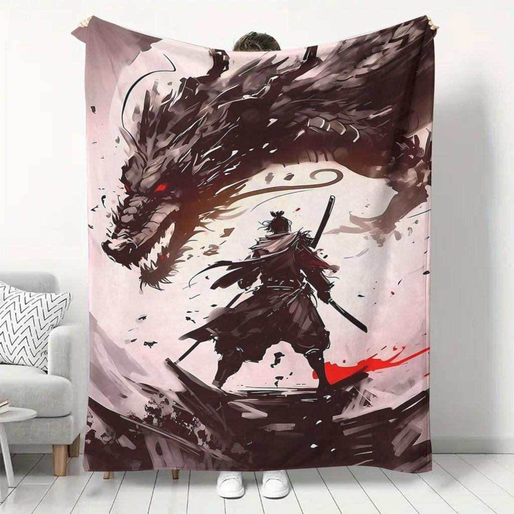 Anime warrior and dragon pattern Flannel printed blanket suitable for all seasons suitable for living room office sofa travel