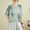 Хлопок и лен V-образный вырез большого размера женский новый стиль летний легкий свободный универсальный повседневный новый китайский топ ханьфу с короткими рукавами