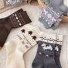 Retro Warm Fleece Socks for Women's Autumn and Winter Warmth, Thickened Mid-calf Socks, Cute Bow, Doggy Dui Dui Socks