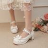 Sweet High-heeled Single Shoes Thick-heeled  Shoes Bow Spring and Autumn New Round Head Waterproof Table One-word Buckle Light-mouth Shoes