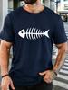 Unisex O Neck Tee Minimal White Fish Bone Skeleton Print Short Sleeve Top Summer Street Outdoor Basic Soft Loose Casual Daily Wear