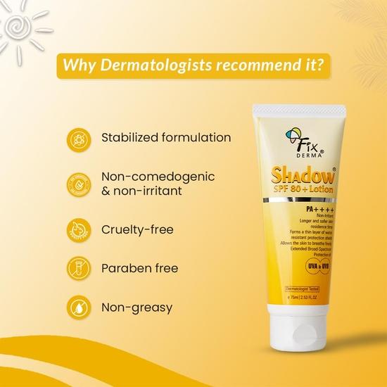 Fixderma Shadow Sunscreen SPF 80+ PA++++ Лосьон | Солнцезащитный крем широкого спектра действия для защиты от UVA и UVB | Нежирный и водостойкий - 75 мл