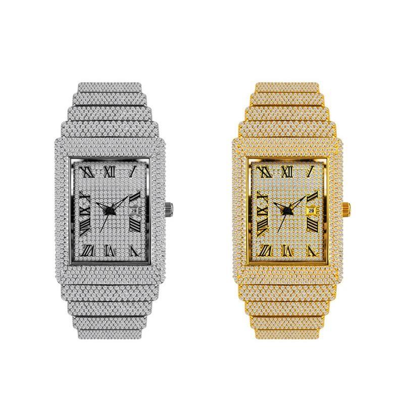 Женские квадратные часы с бриллиантами Bling Iced Out Кварцевые наручные часы с римскими цифрами Водонепроницаемые Модные часы для мужчин
