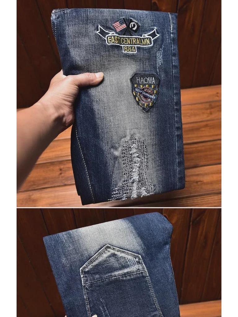 Мужские облегающие джинсы с вышитым цветочным узором, потертостями, заплатками и эластичной отделкой.