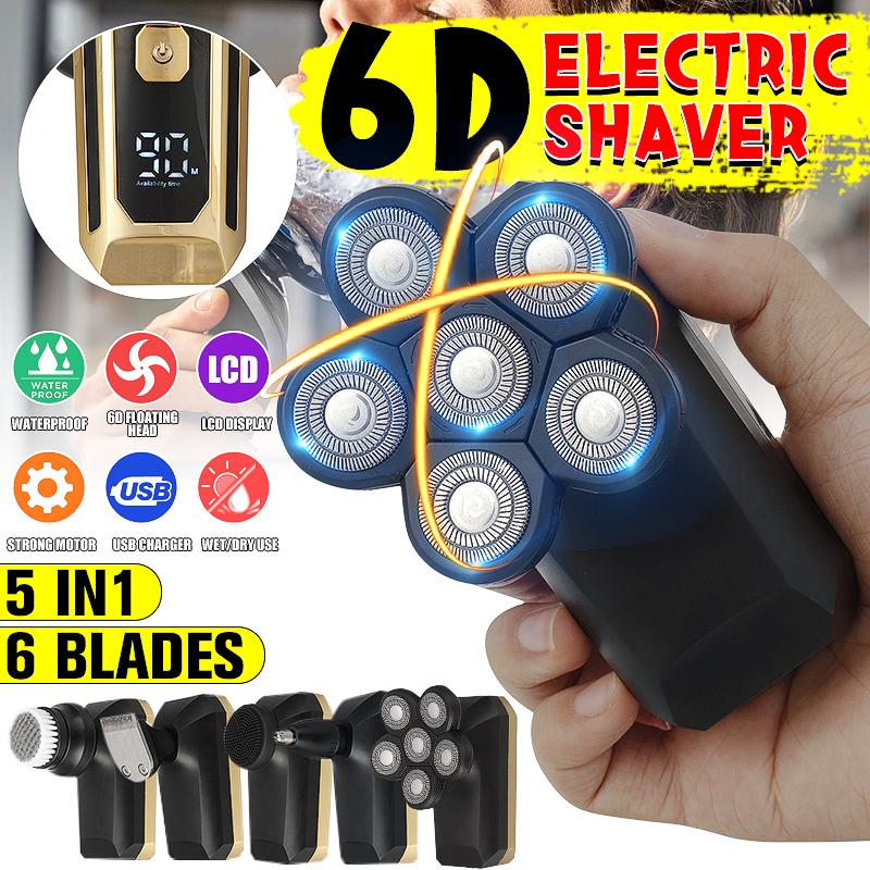5-In-1 6 Cutter Head Multifunctional Electric Bald Head Shaver Waterproof Rechargeable Trimmer/6 Head Floating Head Cordless Groomer Gray/Golden