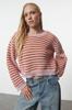 Women's Elegance Style Sweater Black Crop Openwork Perforated Striped Crew Neck Knitwear Sweater