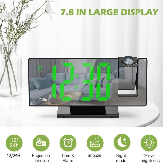 Будильник Температура Влажность Большой светодиодный дисплей 180 градусов Регулируемый проектор Повтор Спальня Настольное зеркало Цифровые часы
