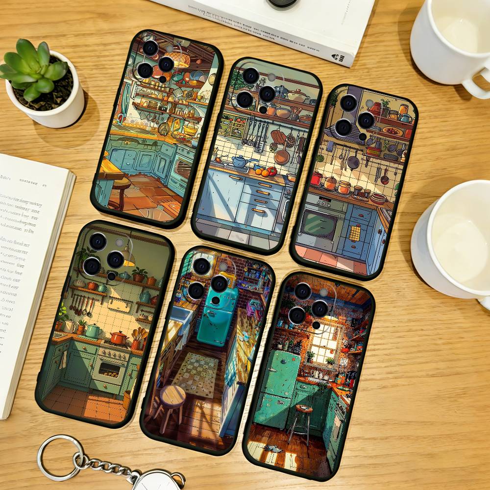 Милый аниме-кухонный узор Чехол для телефона Для iPhone 17,16,15,14,13,12,11 Plus,Pro Max,XS,Мягкий силиконовый черный чехол