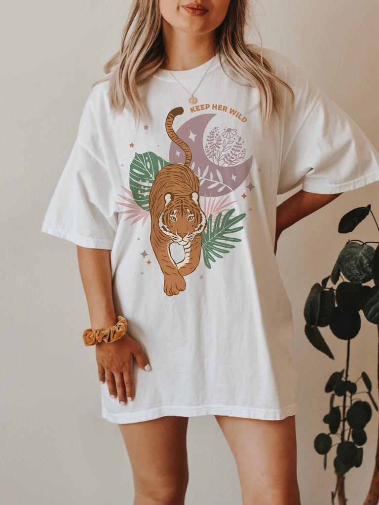 Tiger Shirt Botanical Shirt Year Of The Tiger Gift Boho Tshirt Keep Her Wild Aesthetic Clothes Trendy Clothes Oversized Tshirt Indie Clothes