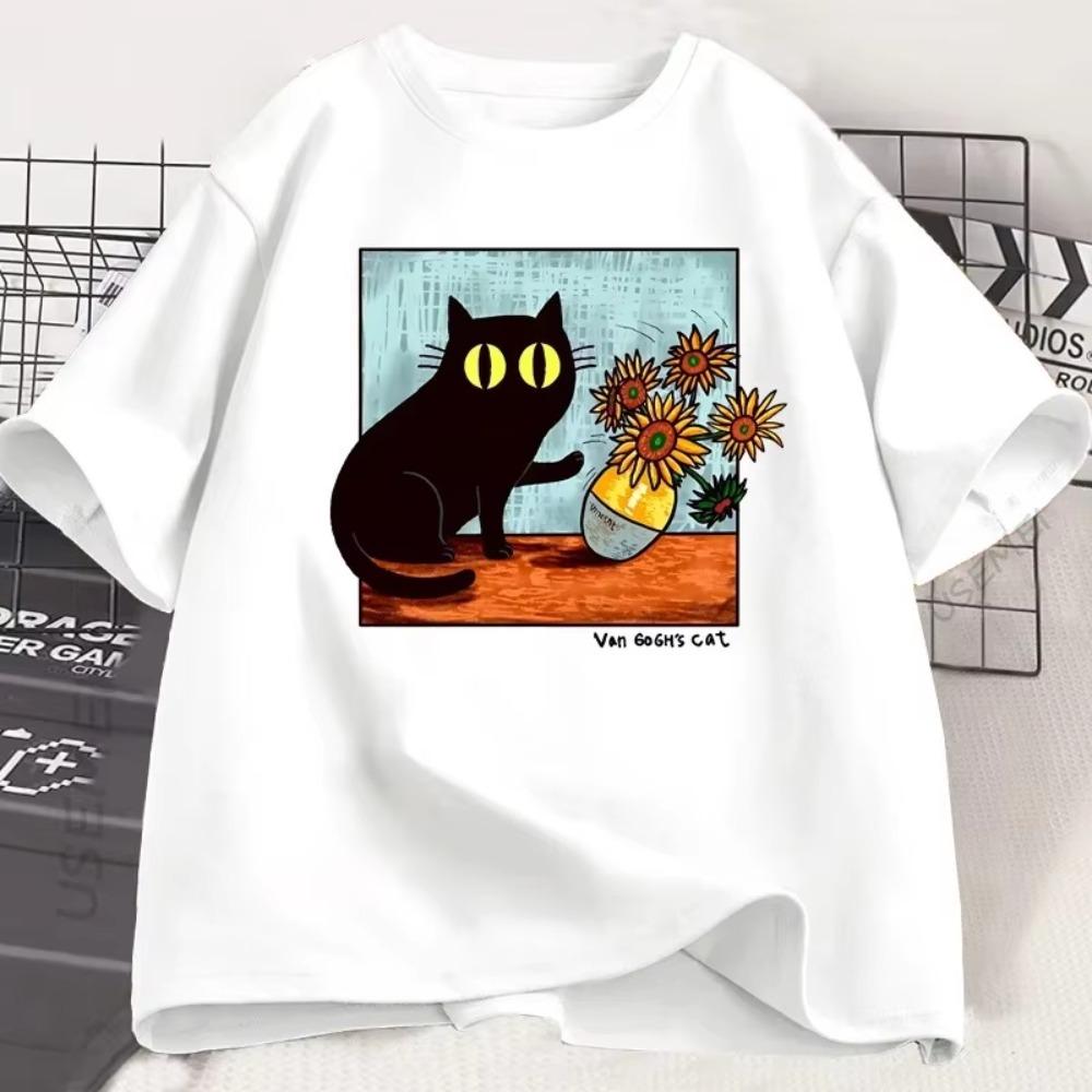 Футболка с рисунком кота и подсолнухов Ван Гога, унисекс, цветочный, черный кот, с круглым вырезом, короткий рукав, модный топ, милая одежда для мужчин и женщин