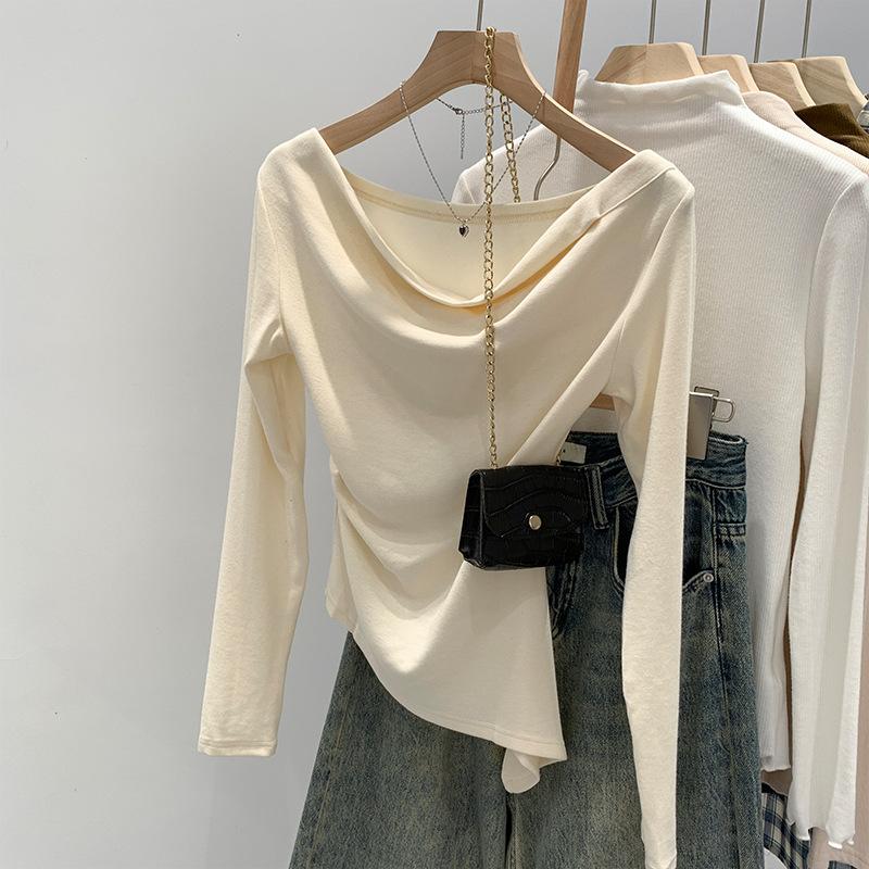 Приталенный топ с асимметричным отложным воротником на плечо, женский осенний новый, милый и пикантный, универсальная базовая футболка с длинным рукавом