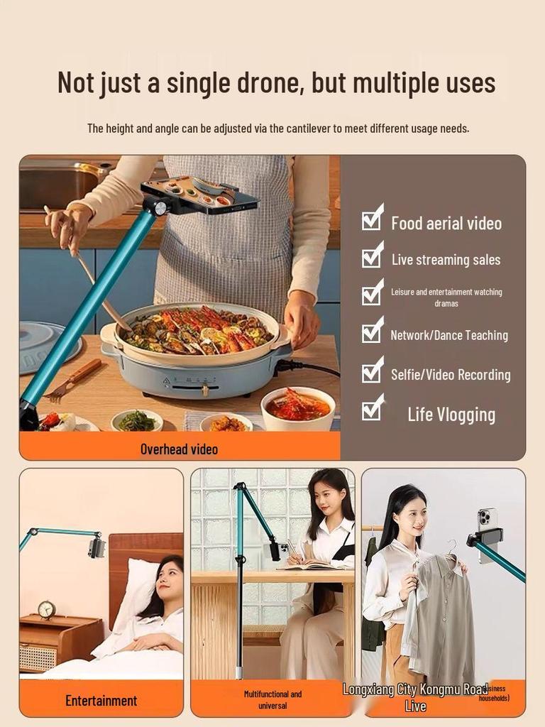 Multifunctional Floor & Bedside Mobile Phone Holder for Streaming, Overhead & Low-Angle Shots, Retractable Stand for Videos & TikTok