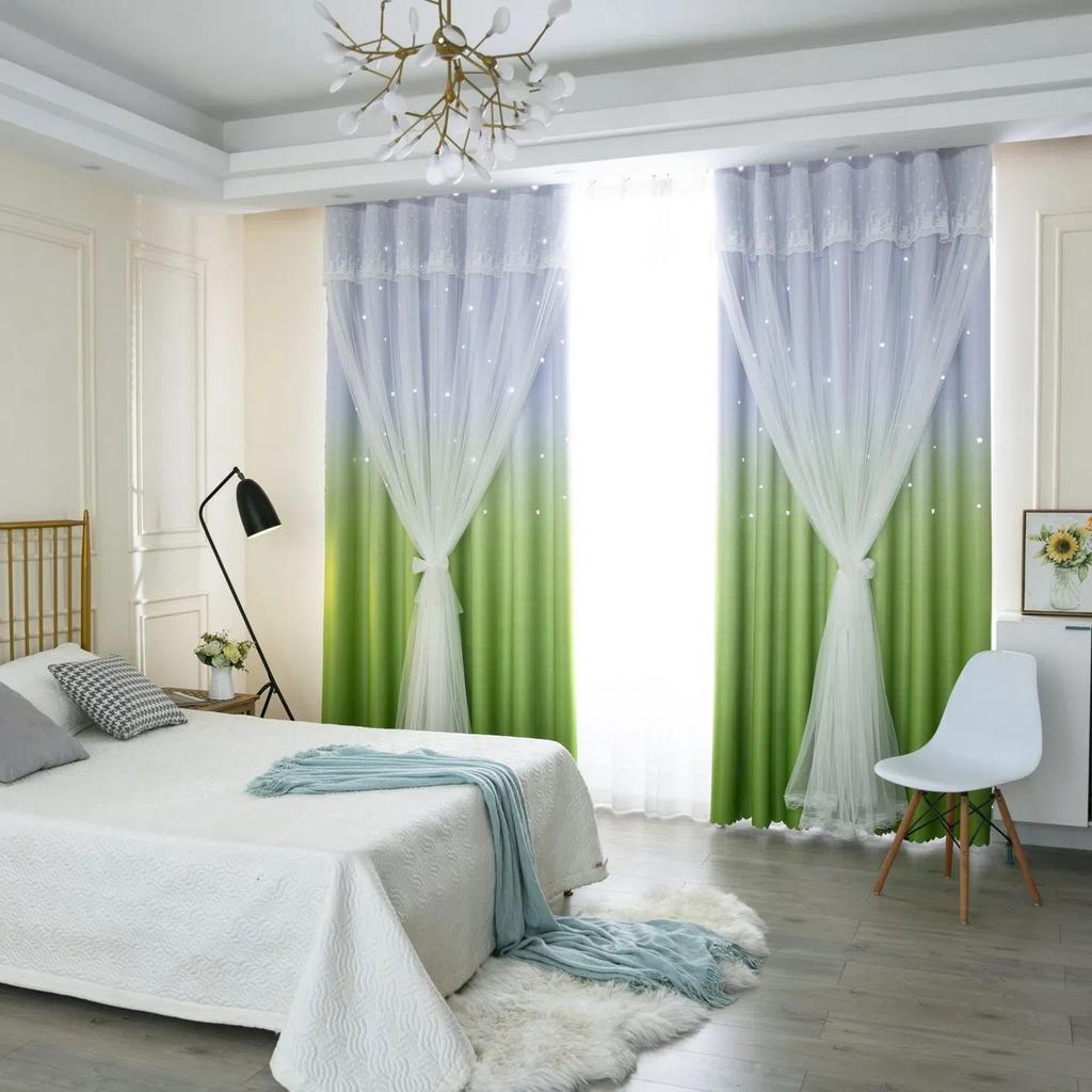 2 шт., простая градиентная цветная занавеска со звездами, занавеска принцессы Ins с высоким затемнением, для спальни, гостиной, двойная тканевая марлевая занавеска