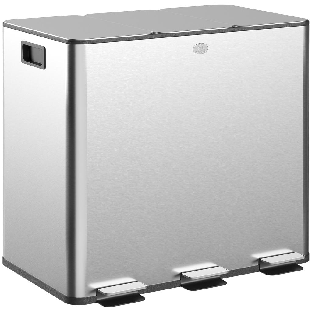 Kitchen Bin, Recycling Bin, 3 x 15 L, Removable Inner Buckets, 61.9 x 36.6 x 43.2 cm, Silver