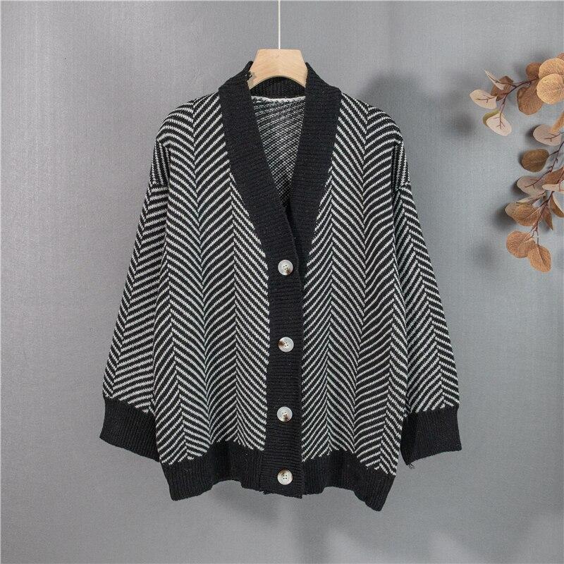 Vintage Striped V-neck Knitted Cardigan Jacket Women Loose Single-breasted Sweaters Coat Winter Fashion Korean Knitwears 29361