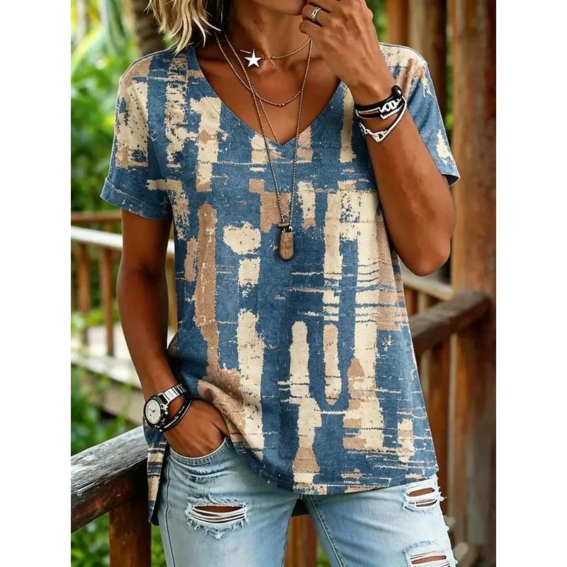 Women's V-neck T-shirt with abstract print, casual short-sleeve tops