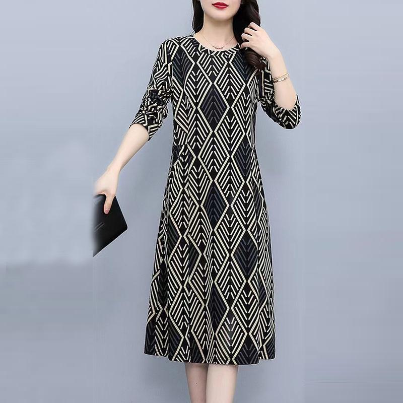 Vintage Fashion Geometric Printed Long Sleeve Dresses for Women Spring Autumn Ladies Round Neck Slim Midi Dress Elegante Vestido