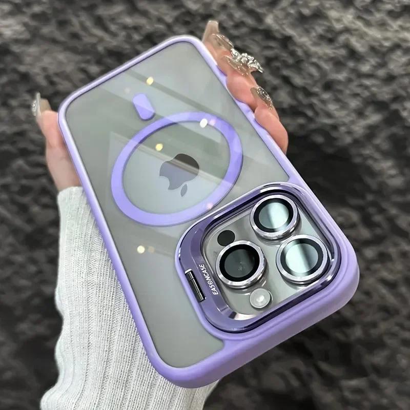 Роскошный противоударный чехол Magsafe для iPhone 16 11 14 13 12 15 Pro Max Plus с магнитной подставкой и защитным стеклом для объектива