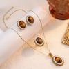 Elegant Tiger Stone Pearl Inlay Jewelry Set: Gold-Plated Earrings, Ring, Necklace