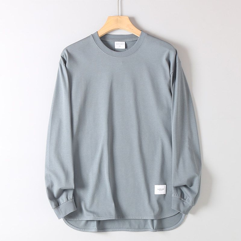 Foreign Trade Surplus Japanese Retro Washed Cotton Round Neck Long Sleeve T-Shirt for Men, Autumn Solid Color Loose Base Shirt