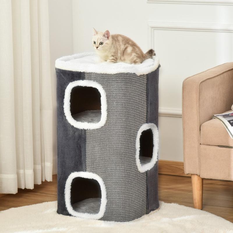 Cat tree scratching barrel with 3 levels, chipboard, velvety polyester, sisal, grey+white, 40x40x74cm