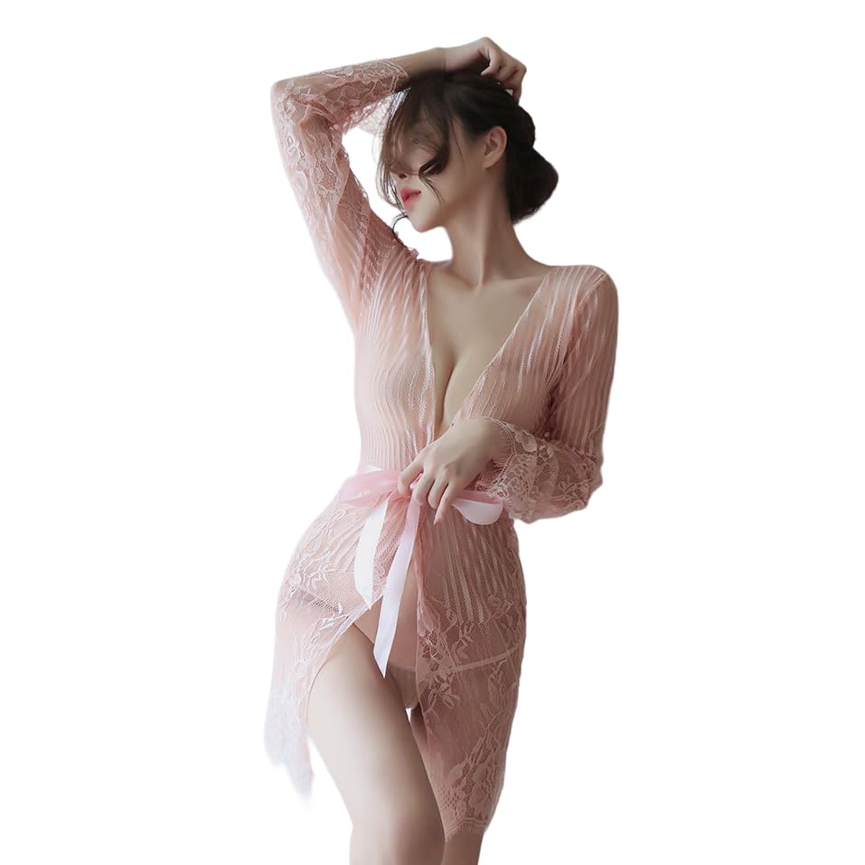 Babydoll Nightgown Sexy Popular Slip Mesh Lace Lingerie Summer [Pure Seek] Women's See-Through (Pink)