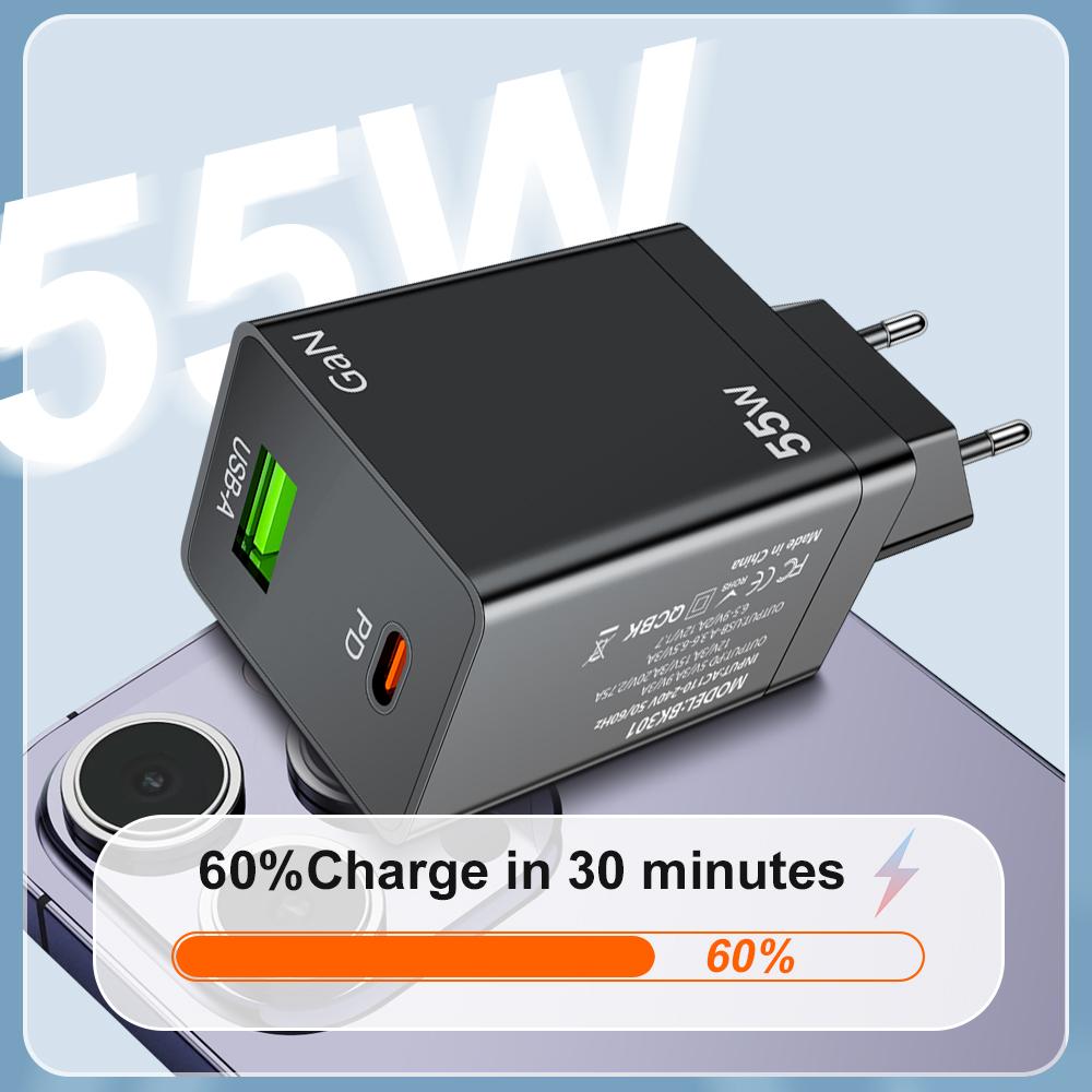 55 Вт GaN USB Type C Зарядное устройство PD QC 3.0 Быстрая зарядка для Macbook Ноутбука IPAD Планшета IPhone 15 14 Samsung S23 Ultra Huawei Xiaomi