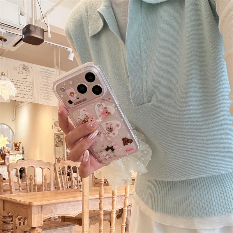 Kawaii Cartoon Bunny Bear Heart Glitter Clear Phone Case For iPhone 15 16 17 Pro Max INS Cute Large Window Shockproof Protective