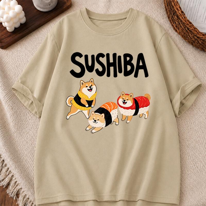 New Summer Sushi Dog Tshirt Retro Unisex And Unisex Couples Short Sleeve Loose Tshirt Funny Cartoon Dog Sushi Lover Cute Tshirt