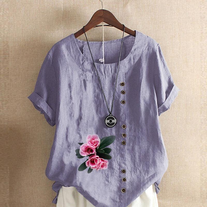 Women's Fashion Flowers Prined Round Neck Short Sleeve T-shirt Casual Cotton Linen Graphic Shirt Leisure Loose Summer Blouse Tops Plus Size