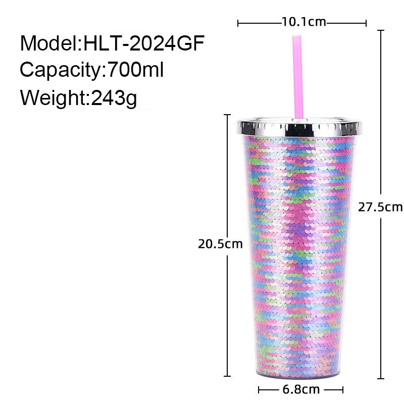 Double-Layer Plastic Cup, Sequined Straw Cup, Straight Cup, Summer Cold Drink Water Cup Can Be Determined