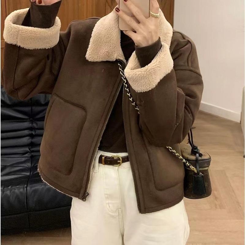 Толстая теплая куртка-шерпа с лацканами женская осенне-зимняя куртка байкерская хлопковое пальто