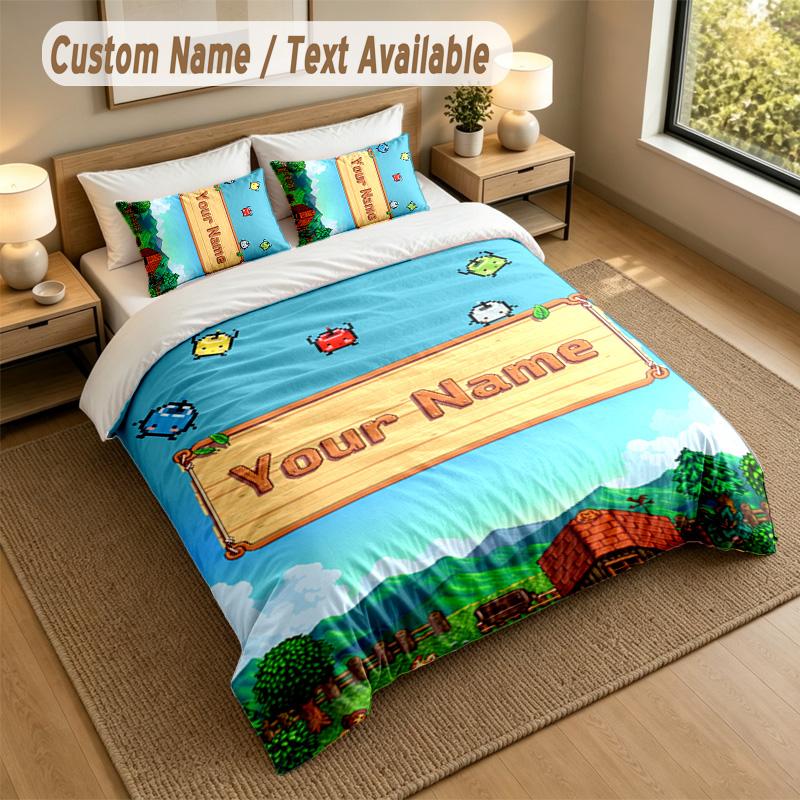 3Pcs Bedding Set Custom Name Text, 1 Sheet 2 Pillowcases Home Bed DecorStardew Valley