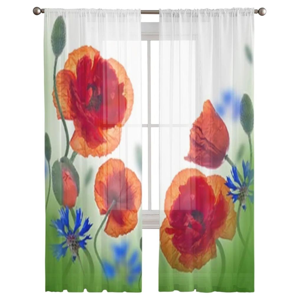 Прозрачные шторы с полем красных маков, вуаль для спальни, прозрачные шторы для гостиной, кухни, тюлевые шторы