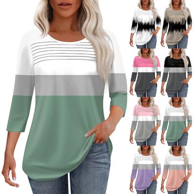 Женская мода круглый вырез шея плиссированная передняя планка однотонный топ рукав 3/4