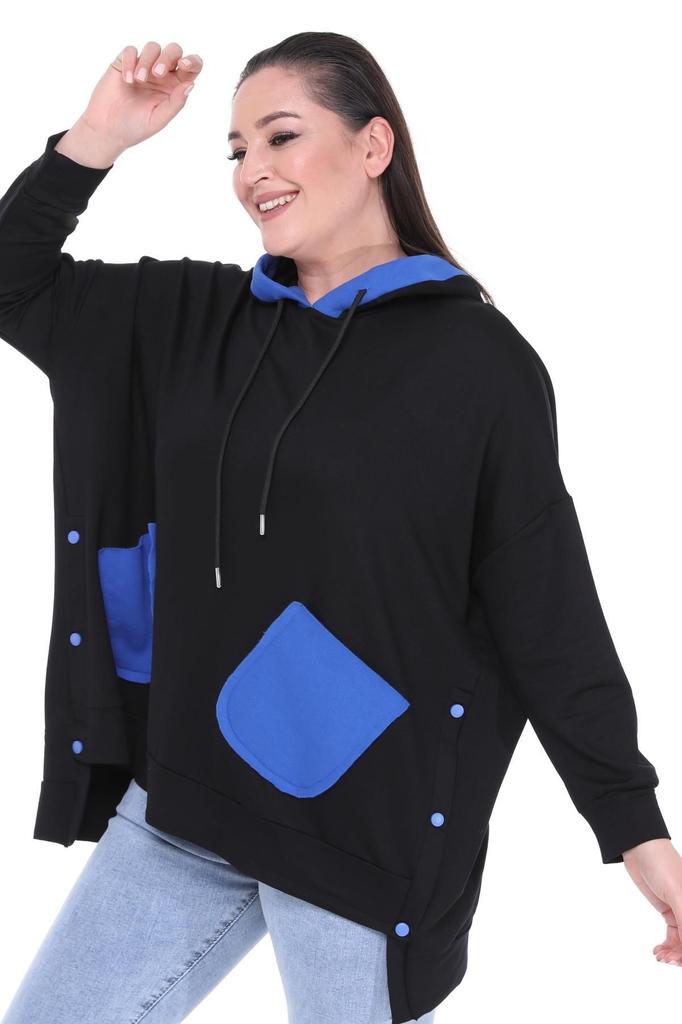Women's Style Big Size Sweatshirt Large Size Extra Comfortable Fit Black Sweatshirt With Green Pocket Detail