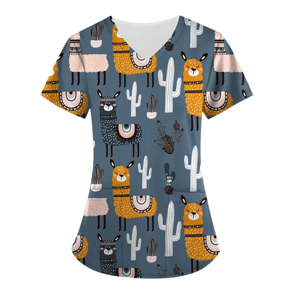 Женские топы с короткими рукавами и v-образным вырезом с милыми животными, рабочая блузка с карманами