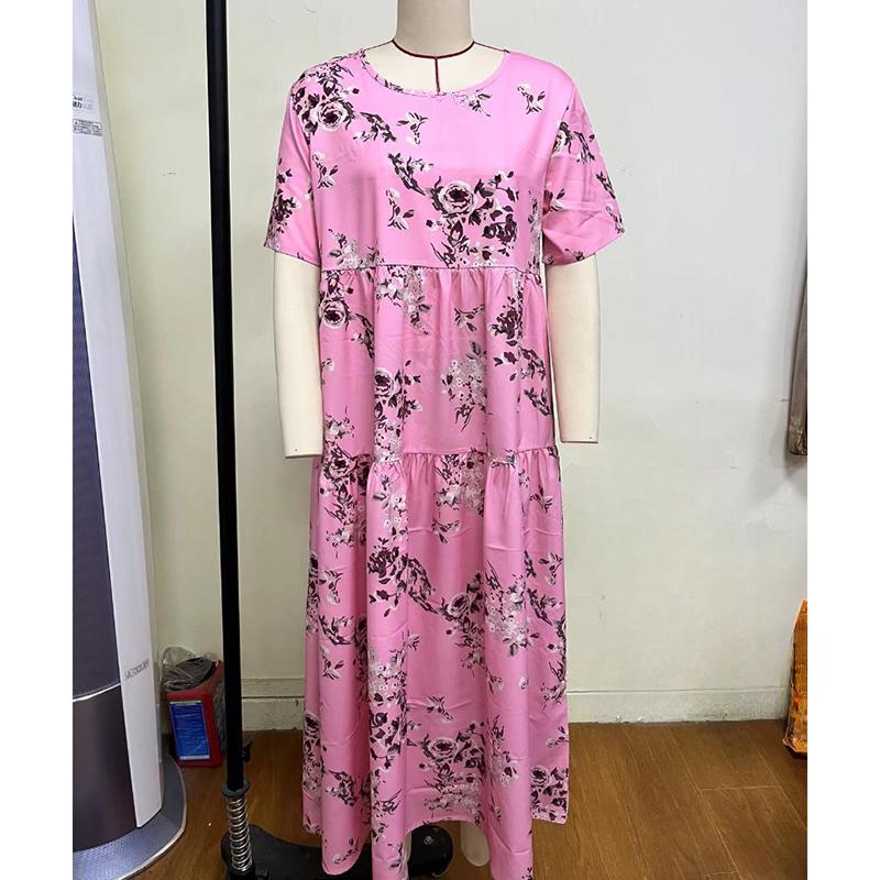 Summer Beach A Line Casual Long Dress Women Short Sleeve Pleated Loose Plus Size Floral Dresses Women Elegant Round Neck Vintage Lady Dress 24896