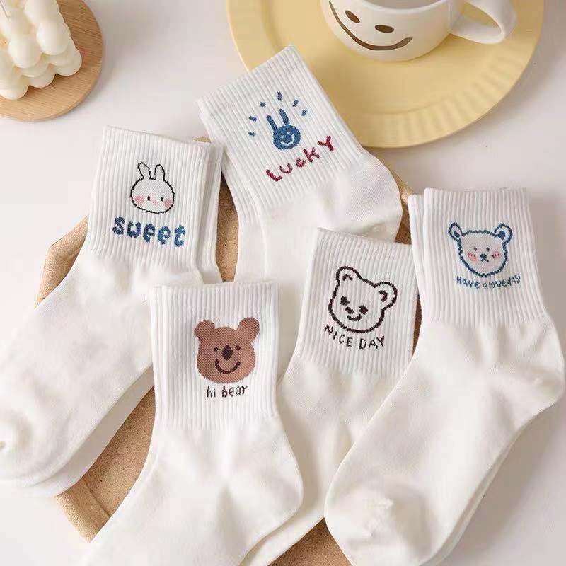 5 Pairs Women Cute Long Socks Soft Breathable Sport Cotton Socks