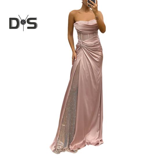 Женское вечернее платье бандо с открытыми плечами без рукавов плиссированное сетчатое платье в стиле пэчворк с блестящими пайетками атласное платье длиной до пола банкетное выпускное платье макси