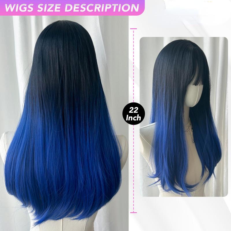 Прямой парик Черный Синий Воздушная челка 24-дюймовый синтетический парик из волокна Термостойкий натуральный для вечеринок или селфи для женщин Ежедневное использование Корейская мода