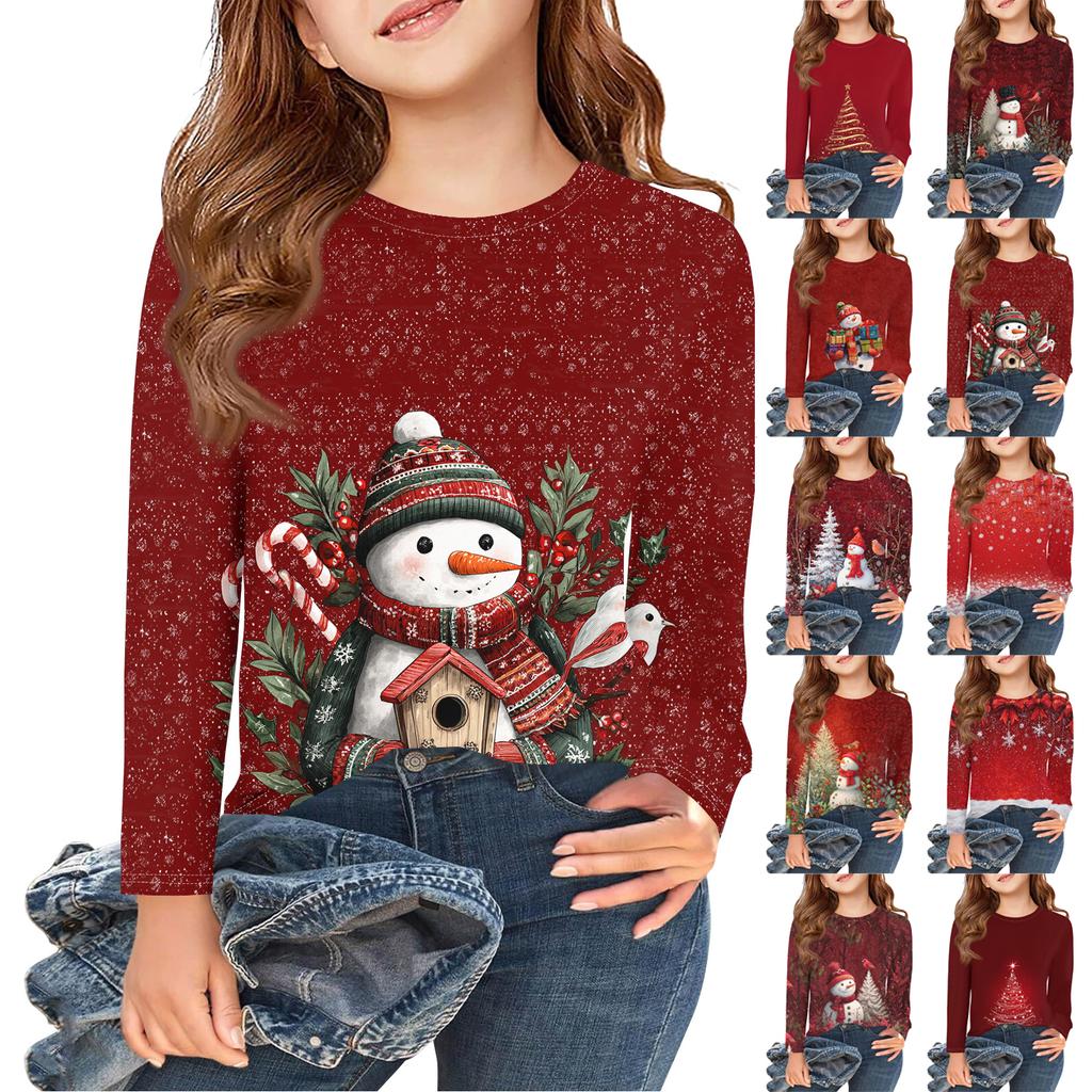 Рождественские футболки с длинным рукавом для девочек, детские осенние топы с круглым вырезом и принтом, базовые футболки