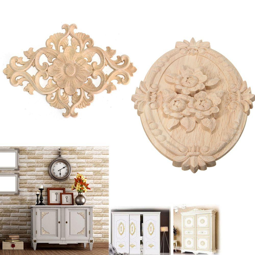 Decorative Corner Floral Wood Carved Decal Wooden Figurines Wall Doors Decoration Appliques Frame