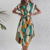 2025 Spring/Summer Women's European & American Holiday Color Block Midi Dress with Belt - Short Sleeve