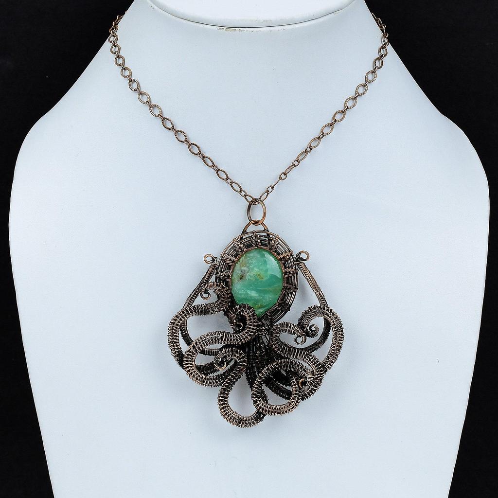 Подвеска из хризопраза, подвеска из медной проволоки, ювелирное изделие ручной работы из хризопраза, подвеска в виде осьминога из драгоценного камня, подарок на годовщину, уникальное ювелирное изделие из меди