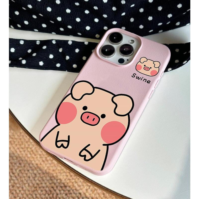 Cute Piggy for Apple 16 Promax Mobile Phone Case for IPhone 14 Litchi Pattern 13 Mini Cartoon 12 Anti-fall