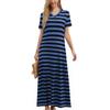 Женское полосатое платье миди с разрезом по бокам и V-образным вырезом с коротким рукавом, повседневное, свободное праздничное платье
