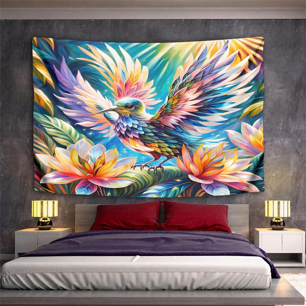 "Colorful Bird Among Vibrant Flowers" Pattern Wall Hanging Tapestry Decorative Tapestry Home Decor for Bedroom and Living Room