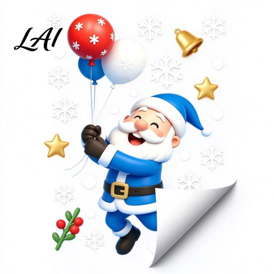Removable Christmas Glass Stickers Static Window Cling Cartoon Blue Santa Stickers Reusable DIY Seasonal Displays Decor with Snowflake Balloon