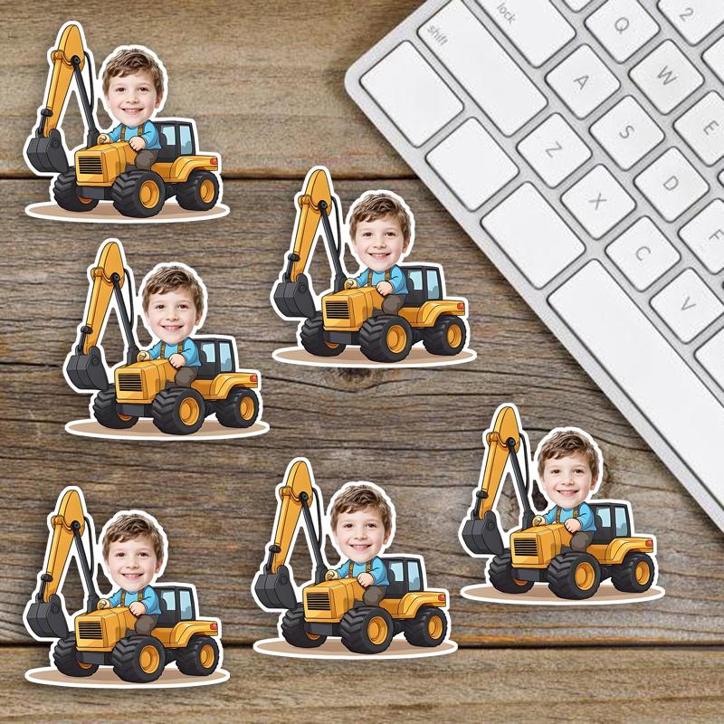 20pcs Personalized Construction With Face Paper Sticker Customized Excavator Stickers Kids Birthday Sealing Labels Party Supply